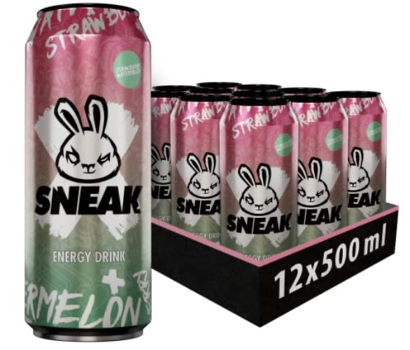 SNEAK | Cans Strawberry Watermelon | In-Game Focus Boost Energy Drink, Zero Sugar, Low-Calorie, Vegan | 500ml x 12 - Strawberry Watermelon