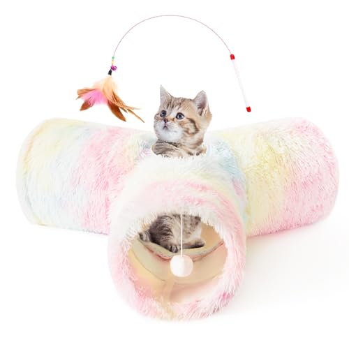 Tempcore Plush Pet Cat Tunnel Tube Cat Toys 3 Way Collapsible, Cat Tunnels for Indoor Cats，Kitty Tunnel Bored Cat Pet Toys Peek Hole Toy Ball Cat, Puppy, Kitty, Kitten, Rabbit Rainbow - 3-Way - Plush 3-Way Rainbow Color