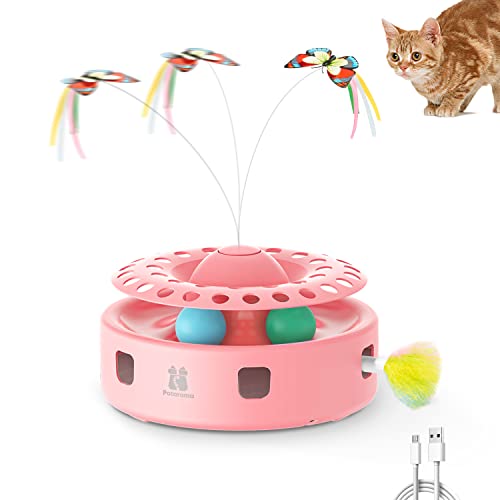 Potaroma Cat Toys 3-in-1 Automatic Interactive Kitten Toy, Fluttering Butterfly, Random Moving Ambush Feather, Track Balls, Dual Power Supplies, USB Powered, Indoor Exercise Cat Kicker (Pink) - Pink