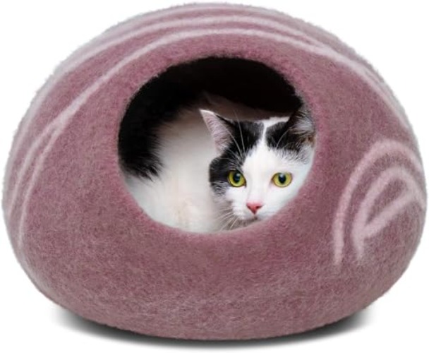 MEOWFIA Cat Bed Cave Premium Felt - Handmade 100% Merino Wool Bed for Cats and Kittens (Light Shades) (Large, Pink) - Large - Gold Rose