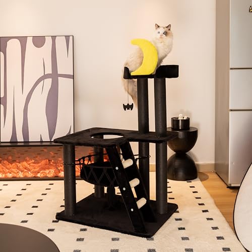 Happy&Polly Gothic Cat Tree- Black Cat Tower with Spacious Private Basket Bed, Natural Sisal Scratch Post& Climbing Ladder with Hanging Bat Toy,Multi-Level Cat Activities Furniture for Perching