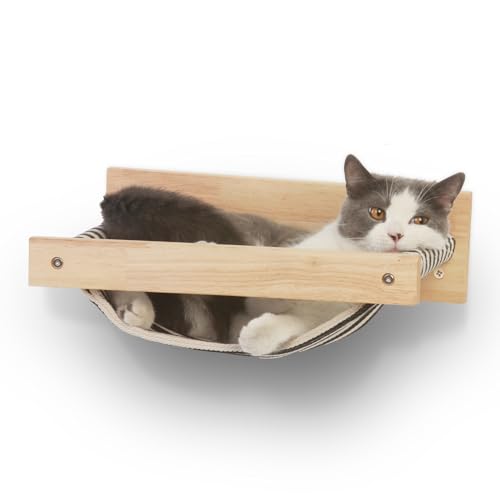 FUKUMARU Hammock Mounted Cat Beds and Perches, Wooden Wall Furniture, Stable Shelves for Sleeping, Playing, Climbing, and Lounging, Black Stripe - M-Black Stripe