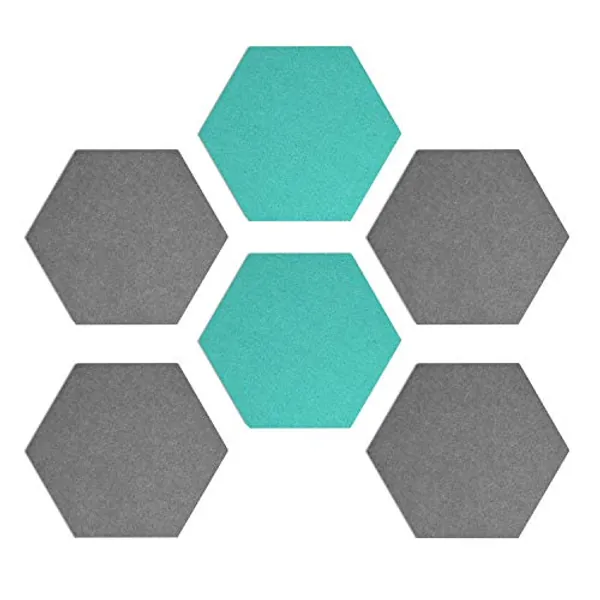 Navaris Hexagon Felt Board Tiles - Set of 6 Notice Memo Bulletin Boards with Push Pins Pack 5.9 x 7 inches (15 x 17.7 cm) - Grey, Turquoise