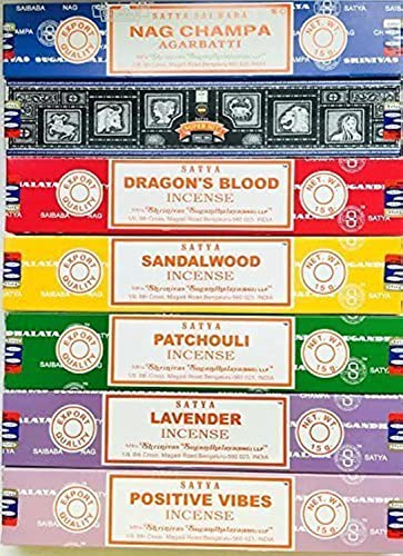 Satya Incense Gift Set Nag Champa, Super hit, Dragon's Blood, Sandalwood, Patchouli, Lavender, Positive Vibes, 15 g - Scented