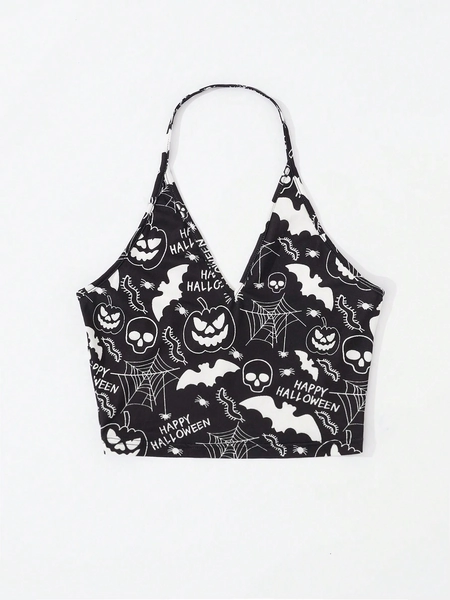SHEIN EZwear Halloween Print Tie Backless Halter Top