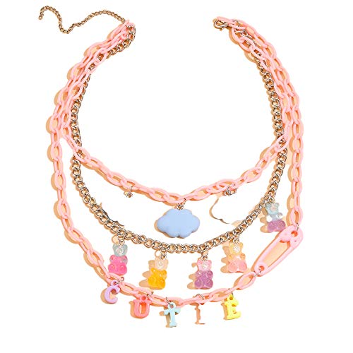 Multilayer Resin Gummy Cartoon Bear Link Chain Pendant Necklace Punk Colorful Transparent Acrylic Animal Butterfly Cloud Choker Necklace for Women Girls Party Hip Hop Jewelry - A cutie