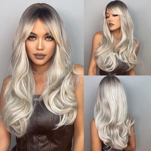 HAIRCUBE Ombre Platinum Blonde Wigs for Women,Long wave Wigs with Bangs Heat Resistant Fiber Synthetic Wigs - Ombre Platinum Blonde