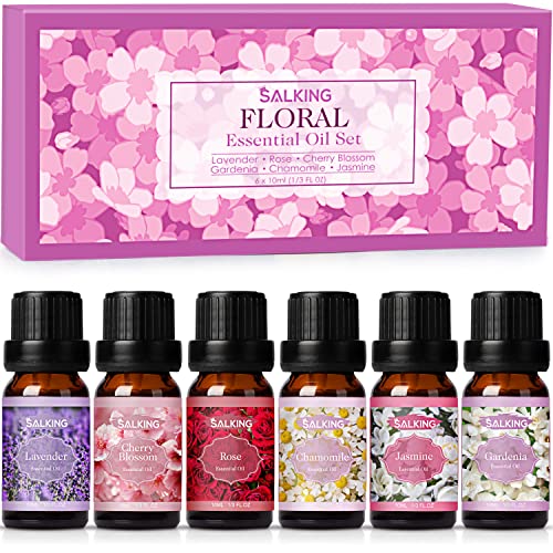 SALKING Essential Oils Set, 100% Pure Fragrance Oil AromatherapyGift, Premium Scented Oils for Diffusers 6 x 10 ML - Lavender, Rose, Jasmine, Cherry Blossom, Gardenia, Chamomile - Pink