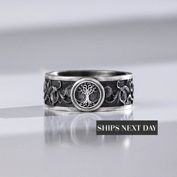 Tree of Life Yggdrasil Handmade Silver Engraved Band Ring, Mythology Vintage Celtic Wedding Ring For Men, Unique Viking Promise Ring Gift