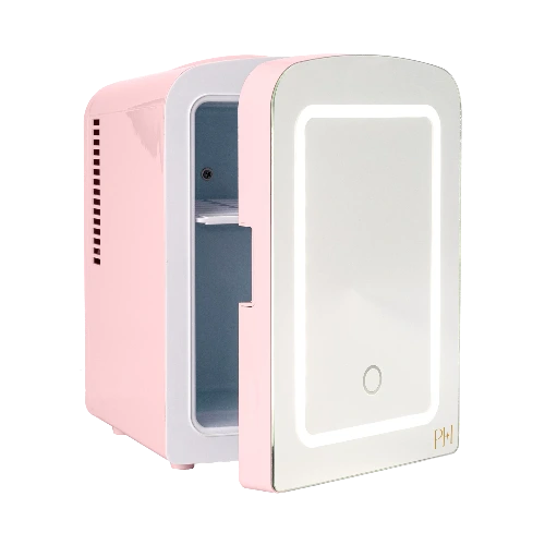 Paris Hilton Mini Refrigerator and Personal Beauty Fridge, Mirrored Door with Light, 4 Liter, Pink
