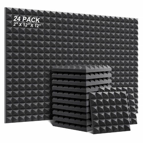 24 Pack Acoustic Foam Panels 2 Inches Thick Sound Proof Padding for Wall Pyramid, 2" X 12" X 12" Sound Absorbing Dampening Studio Foam Soundproofing Foam Wedge Tiles