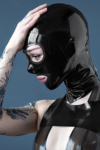 Rubberdoll Cat Eye Latex Hood | Black w Dark Grey Trim / Medium / No ponytail gasket