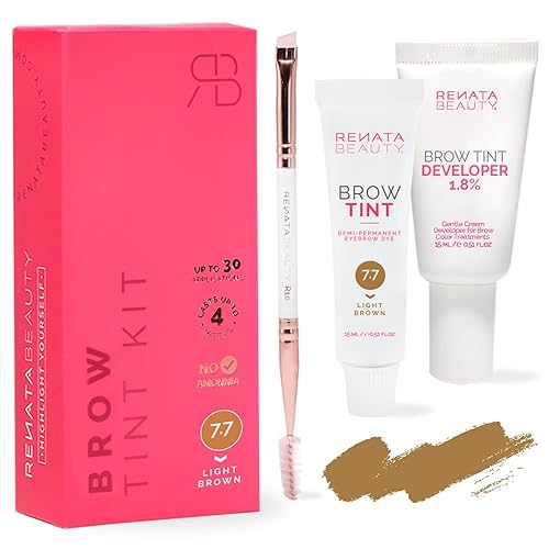 RB RENATA BEAUTY Brow Tint Kit – Eyebrow Tint Set – Dye Kit with Color Tint, Cream Developer and Styling Brush – Long-Lasting Effect Up to 4 Weeks – 30 Applications [Light Brown] - 7.7 Light Brown