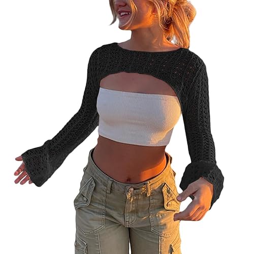 shownicer Damen Y2K Crochet Pullover Langarm Crop Tops Aushöhlen Cover Up Einfarbig 90er Streetwear Gothic Punk Strickoberteil Zerrissene Strickpullover Lose Oberteile - M - A Schwarz