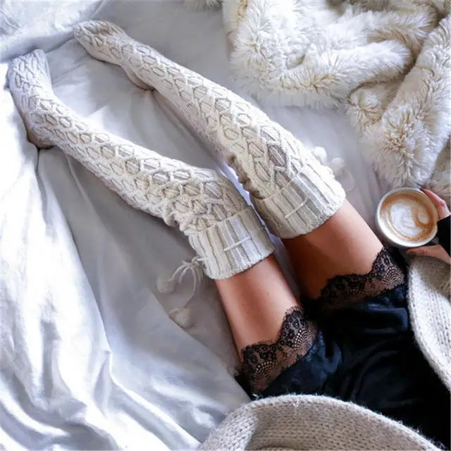 Cozy Thick Knitted Thigh High Socks for Fall and Winter - White