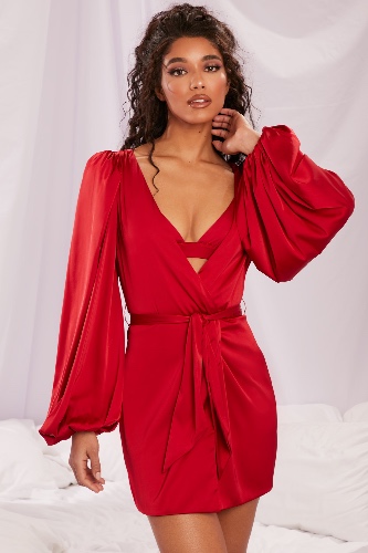 Satin Balloon Sleeve Robe in Red | 8
