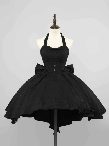 [$134.50]High-low Skirt Black Halter Neck Cutout Back Jumper Skirt