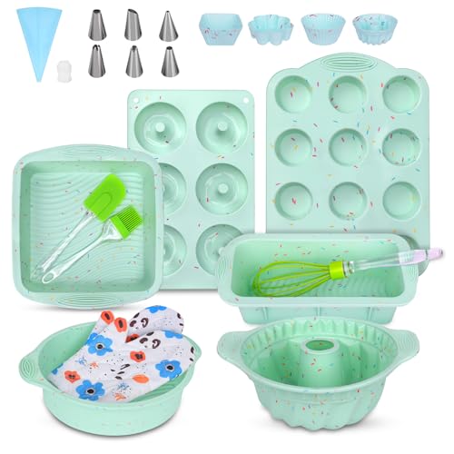 Cobeda Baking Pans Set, 23 PCS Silicone Bakeware Sets, Silicone Molds for Baking, Including Bread Pan, Donut Pan, Silicone Muffin Pan, Cake Pan and Silicone Cupcake Molds (Green)