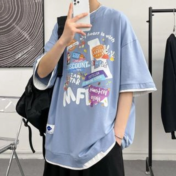 Mock Two-Piece Short-Sleeve Cartoon Print T-Shirt