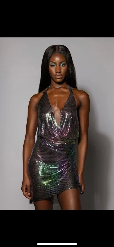 HOTNESS HIGH SHINE IRIDESCENT CHAINMAIL MINI DRESS in PURPLE MULTI