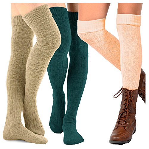 Fashion Socks Long Thigh Highs, Over the Knee Highs, Knee Highs Women Girls Cotton Slouchy Boot Socks - Over the Knee-Cable Cuff Basic_3pair