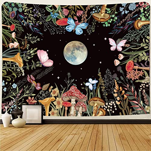 Simpkeely Moon Garden Tapestry Mushroom Moonlit Tapestry Wall Hanging Floral Tapestry Butterfly Plant Poster Country Tapestry for Bedroom Dorm Living Room - 59 x 51 inches - Medium (51.2" x 59.1")