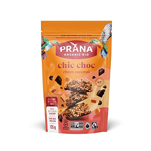 Prana Chic Choc – Chocolate Caramel Organic Crunchy Bites | Non-GMO, Gluten Free, Vegan Snack | High Source of Fibre | 5g of Protein | Tasty Combination of Almonds, Hazelnuts and Superseeds | 125g