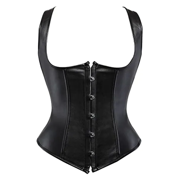 Grebrafan Plus Size Faux Leather Underbust Steel Boned Corsets Waist Cincher - Small - Black