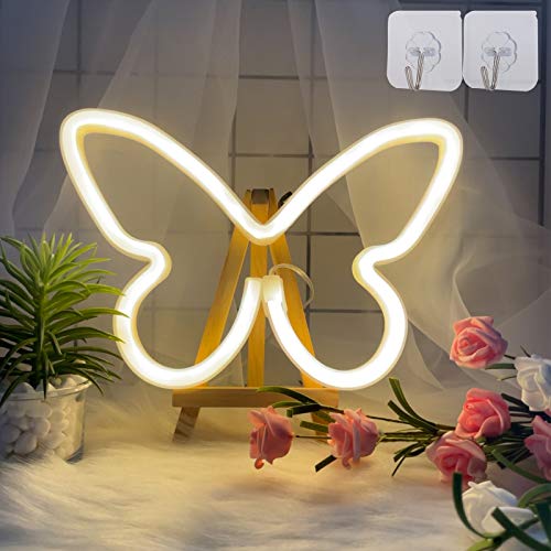 ENUOLI Butterfly Neon Light Signs Warm White LED Neon Sign Wall Lamp Powered by 3 AA Battery/USB Charging LED Butterfly Night Light for Bedroom Kids Room Wedding Birthday Party Decor (Warm White) - White