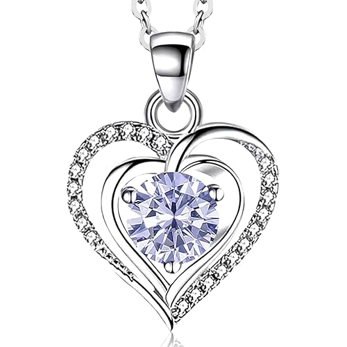 RIVIKO Heart Birthstone Pendant Necklace for Women 925 Sterling Silver Zirconia Necklaces Christmas Valentine's Mothers Day Jewelry Gifts For Her Mother Wife - Sliver-06-Jun