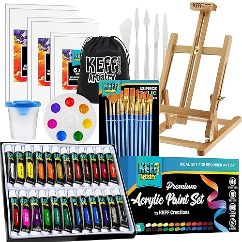 KEFF Acrylic Paint Set - Art Painting Kit for Adults & Kids with 24 Acrylic Paints, Wooden Easel, Canvases, Palette, Paint Knives, Water Basin & Bag - 51Pcs