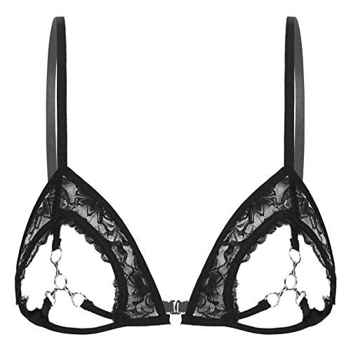 ACSUSS Womens Sexy Lingerie Lace Floral Sheer Hollow Out Open Nipples Wireless Unlined Bra Tops - Large - 3# Black