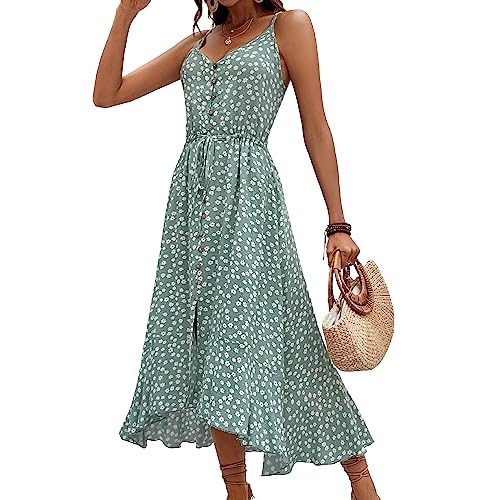 BROVAVE Women's 2024 Summer Casual Boho Sundress Polka Dot Spaghetti Strap V Neck Flowy Midi Dresses - Large - 008 Green#2