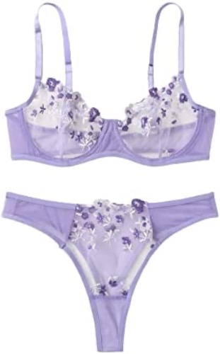 WDIRARA Women's Floral Embroidery Underwire Lingerie Set Mesh Bra and Panty Set - Large Green