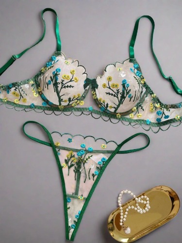 Floral Lingerie Set Women Embroidery Boho Bra Thong Intimates - Green / M