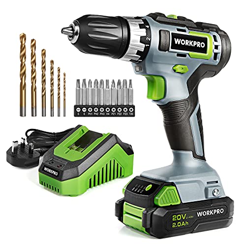 WORKPRO Cordless Drill Driver, 20V Electric Drill with 2000mAh Battery, 1H Quick Charger, 25Nm Max, 18+1 Torque, 3/8" Chuck, 2 Speed, LED Light, 16 pcs Drill and Screwdriver Bit