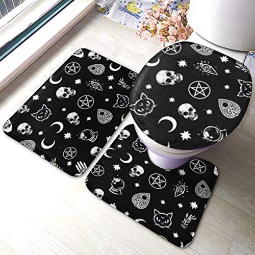 Black Skull Cat Moon Gothic Pattern Bathroom Mat Sets 3 Piece Set Rugs Memory Foam Mat Set Matches Anti-Skid Toilet Seat Cover Bath Mat Lid Cover