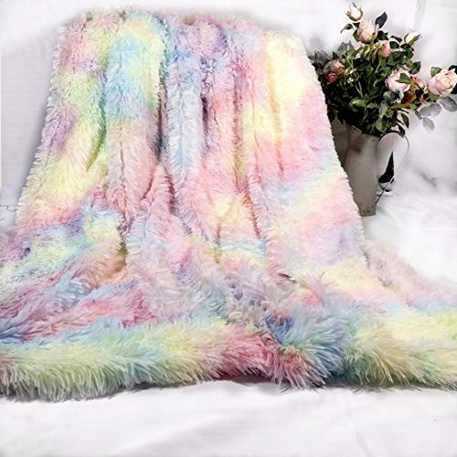 MYRU Plush Super Soft Blanket Colorful Bedding Sofa Cover Furry Fuzzy Fur Warm Throw Cozy Couch Blanket for Winter (Rainbow, 160 x 200 cm) - 160 x 200 cm - Rainbow