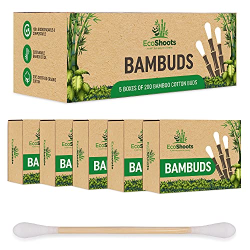 EcoShoots Bamboo Cotton Buds - 1000 Organic Cotton Wool Buds Q Tips - Biodegradable Cotton Ear Buds & Compostable Bamboo Earbuds - Recycled Plastic Free Packaging - GOTS Certified Ear Buds Cotton - 1000