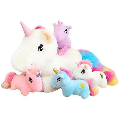 SQEQE Cute Unicorn Stuffed Animals with 4 Baby Unicorn Plushies in Her Tummy, Rainbow Flying Unicorn Plush Pillow Toy with Wings Gifts for Age 3-8, Valentine Birthday Gifts for Boys Girls - Fairy Unicorn