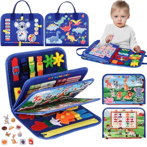 UltraCozy Busy Board, Montessori Toys for Toddlers, Toddler Sensory Toys Preschool Educational Busy Book Travel Toys for Toddlers 3 4 5 Year Old Girls Boys Plane Car Activities Baby Quiet Book (Blue) - Blue