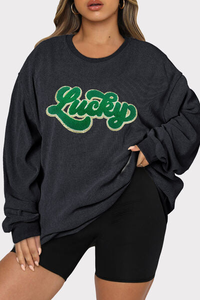 Plus Size LUCKY Round Neck Sweatshirt - Black / 1X