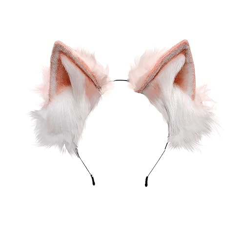 Focupaja Animal Cosplay Ears Hairband Handmade Faux Plush Cat Fox Wolf Dog Ears - Pink - One Size