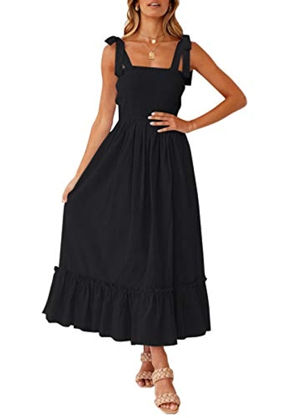 ZESICA Women's 2023 Summer Boho Spaghetti Strap Square Neck Solid Color Ruffle A Line Beach Long Maxi Dress