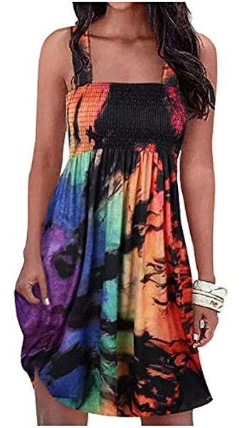 Summer Dress for Women Beach Floral Cover Ups Spaghetti Strap Sundress Smocked Strapless A-Line Mini Dresses