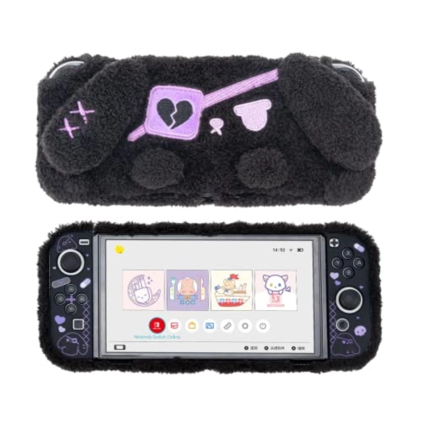 GeekShare Cute Plush Bunny Protective Case Cover - Anti-Scratch and Shock-Absorption Skin Case Compatible with Nintendo Switch OLED Console and Joy Con Only - Dark Plush Bunny