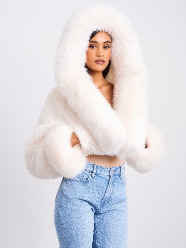 Kali White Cropped Vegan Fur Jacket With Hood | L / US 10-12