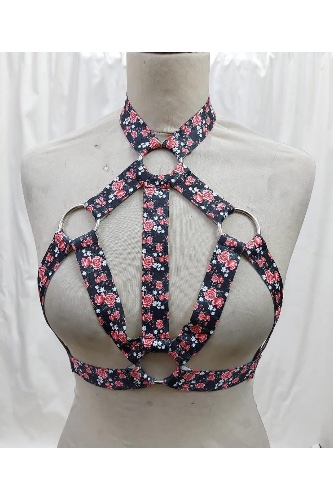 Floral Print Stretchy Body Harness w/Silver Hardware - QUEEN / As Shown