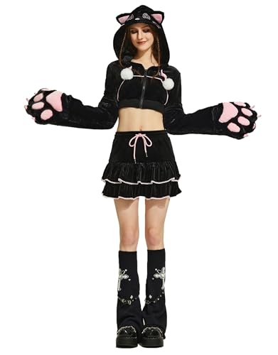 Micotaku Women's Paw Hoodie Skirt Set Women Black Dizzy Cat Hoodie Daily Wear - Black and Pink - X-Large