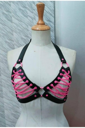Candy Collection - Pink Chain Lace-Up Bra Top Harness - QUEEN / As Shown